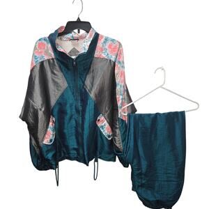 Active Code by Climate Zone Windbreaker Track Suit Set Teal Floral Large VTG 80s
